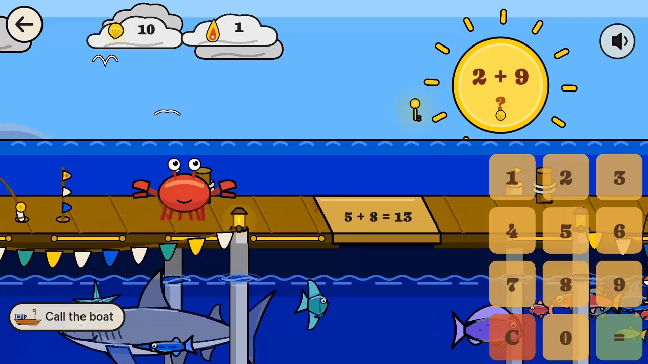 The crab stands on the pier under a sun that holds the problem 2 plus 9. A plank behind the crab reads 5 plus 8 equals 13, and a number keypad sits on the right.