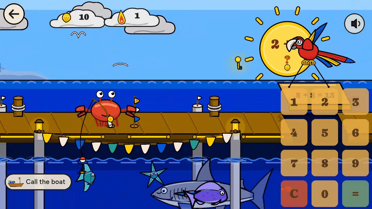 The parrot flies out of the sun carrying a plank toward the gap in the pier while the crab waits and fish swim below.