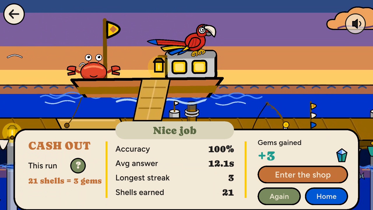 The cash out screen after a run: accuracy 100 percent, average answer 12.1 seconds, longest streak 3, 21 shells earned, turned into 3 gems.