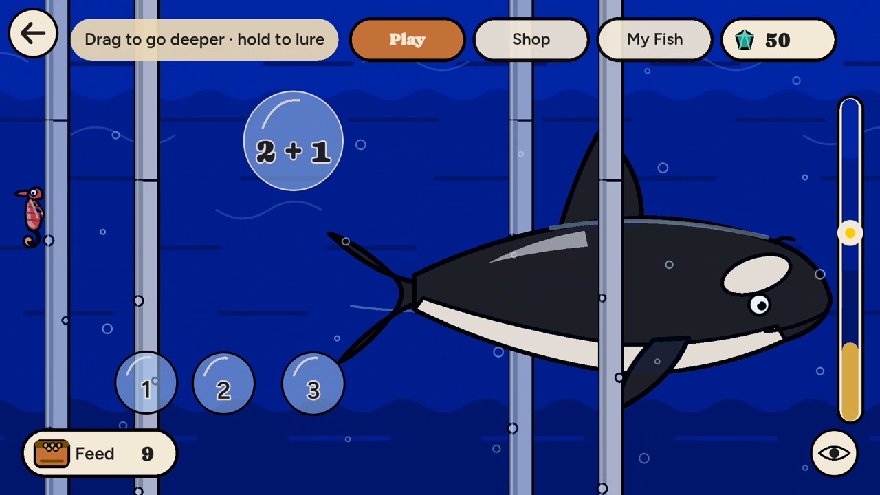 Deep in the player's sea, an orca asks the sum 2 plus 1, with three bubble answers to choose from.