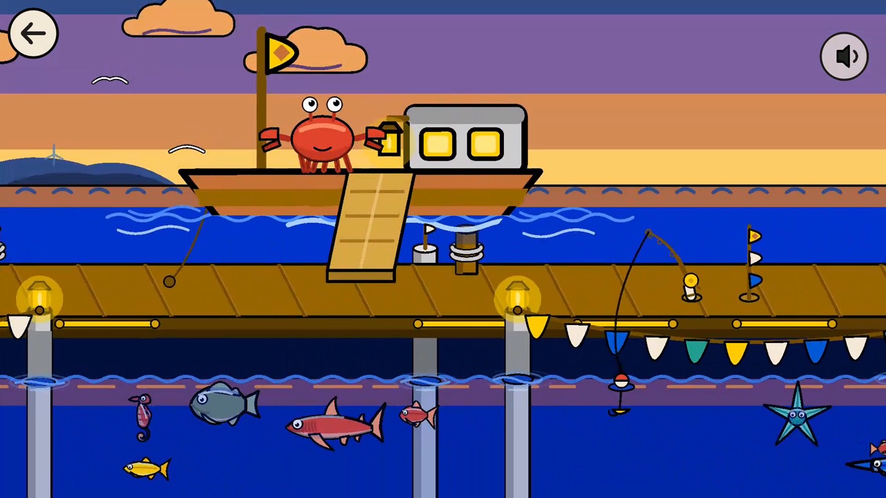 The crab rides the boat at the end of the pier at dusk, above a sea of fish, a seahorse and a starfish.