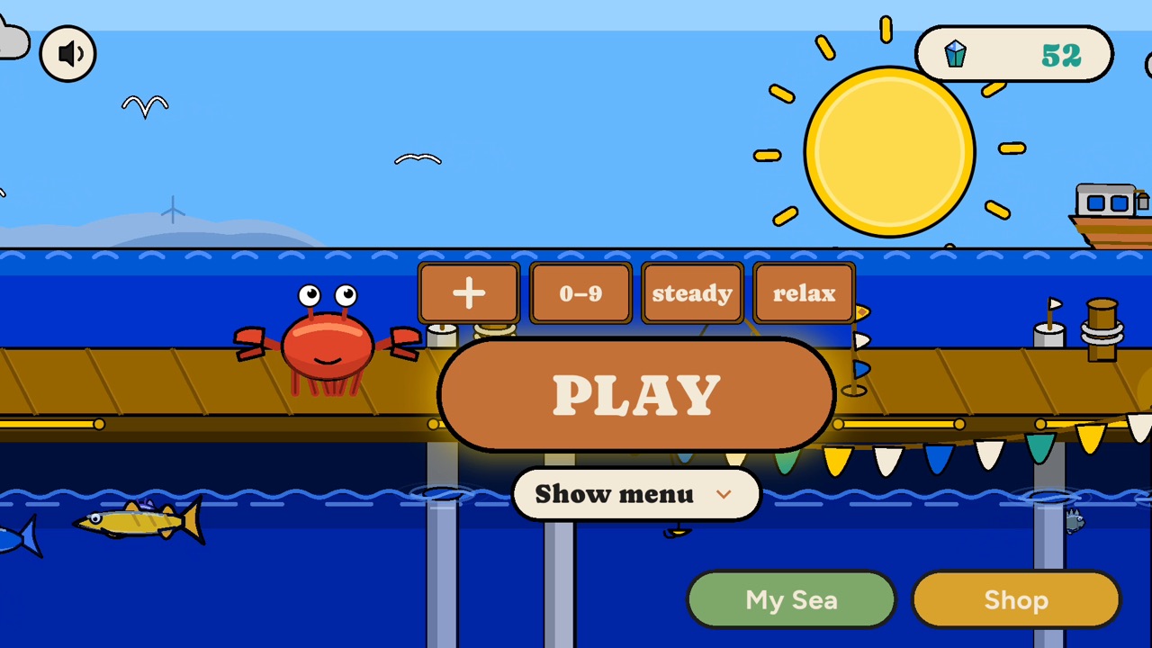 The home screen: the crab on the pier, a Play button, and the chosen settings for addition, numbers 0 to 9, steady speed and relax mode.